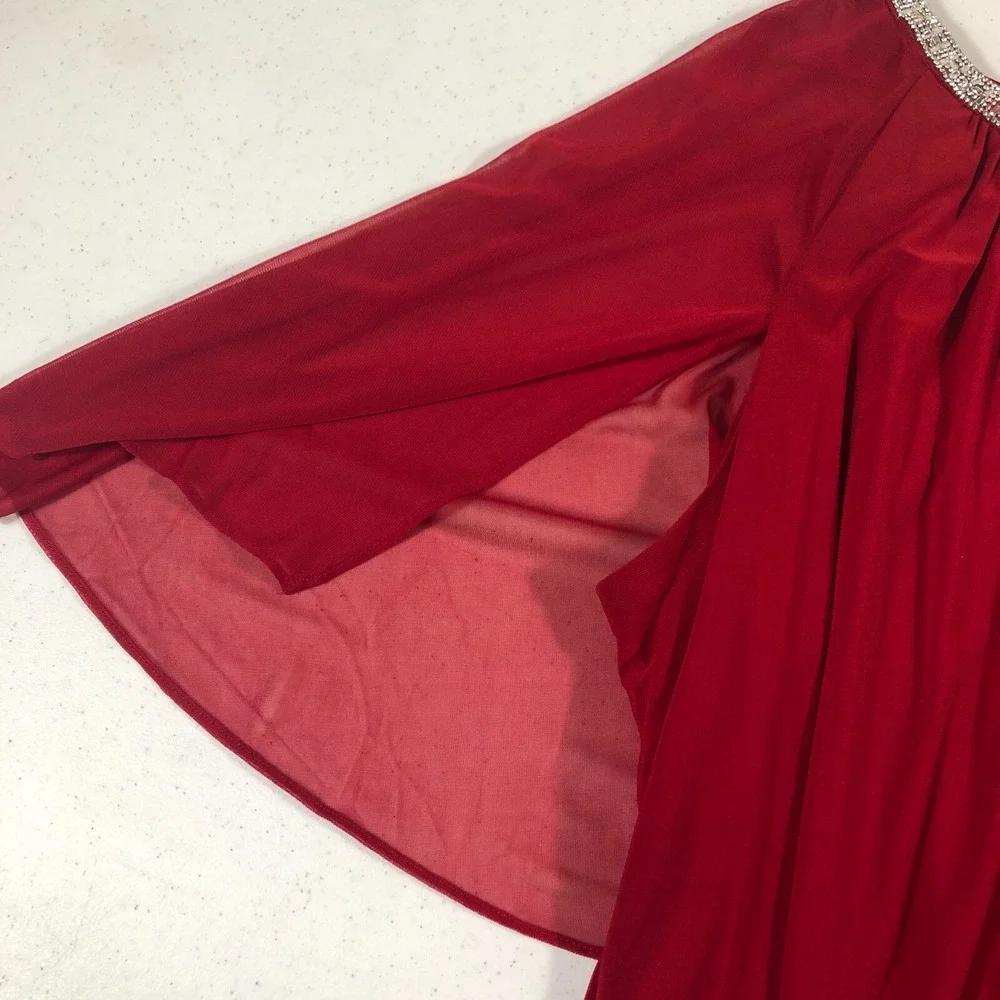 R&M Richards Women 2X Red Rhinestone Capelet‎ Chiffon Sheer Top Blouse Holiday - Picture 3 of 6